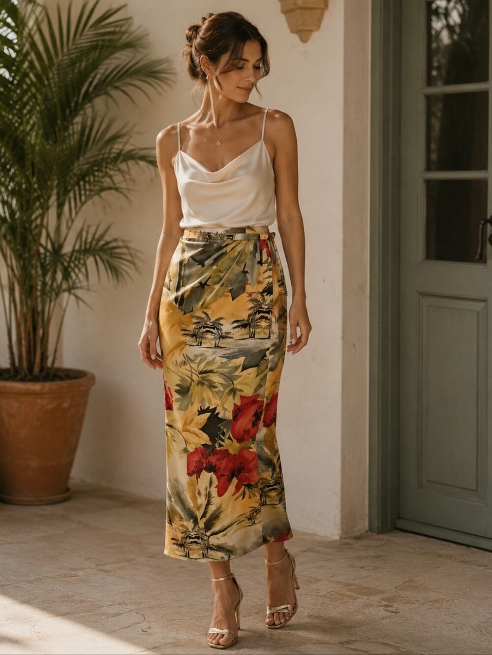 Vtg Liz Claiborne Silk Maxi Skirt Tropical Coastal Faux Wrap Vacation 12
